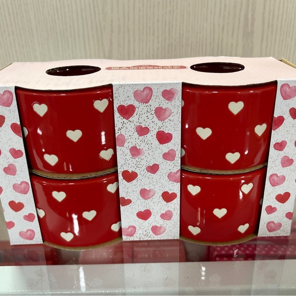 Valentine’s Day Red Bakeshop Ceramic Ramekins with White Hearts Set of 4 NWT - Picture 1 of 5